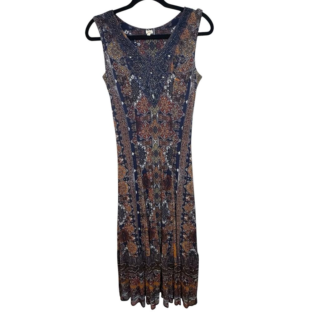 Reba Y2K Paisley Western Embellished Beaded Sleeveless Lined Maxi Dress Womens S